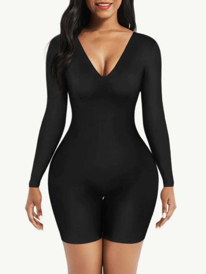 Tummy Control Long Sleeve V-Neck Bodysuit/Shaper