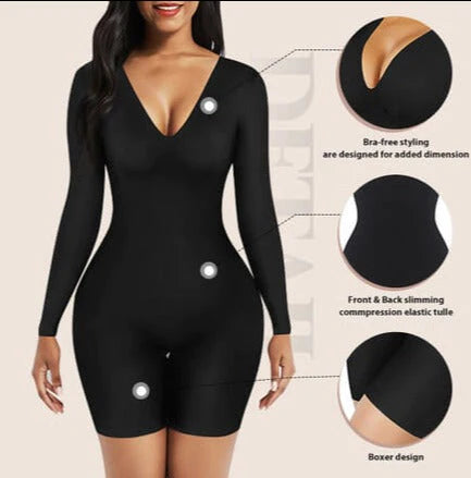 Tummy Control Long Sleeve V-Neck Bodysuit/Shaper