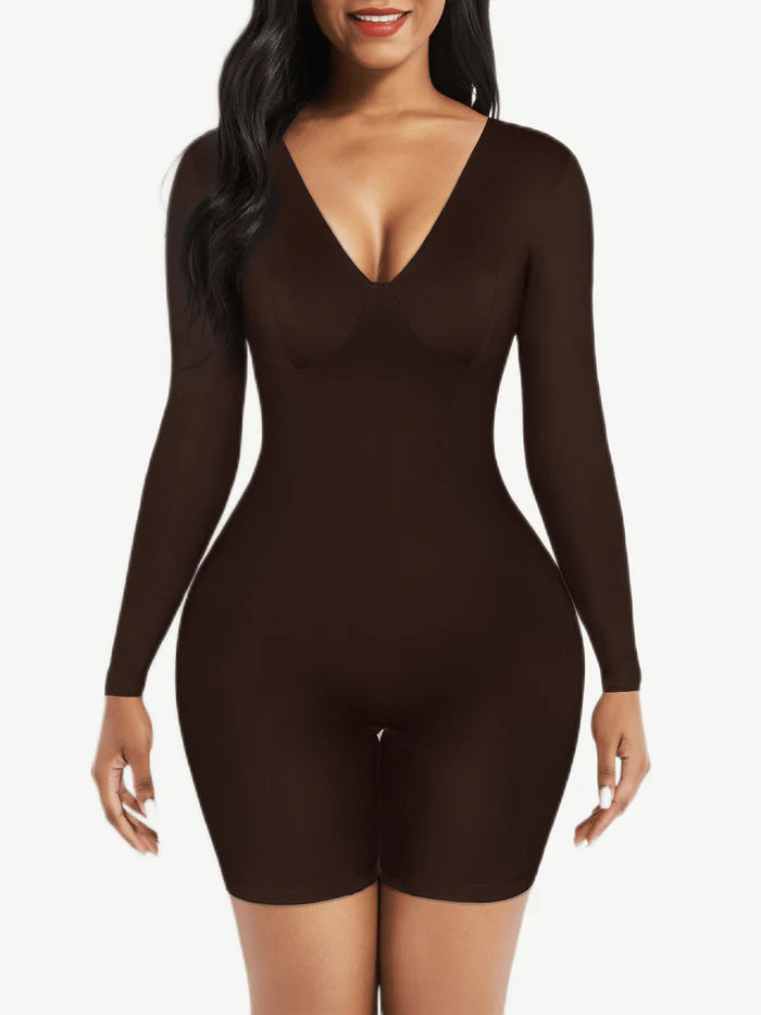 Tummy Control Long Sleeve V-Neck Bodysuit/Shaper