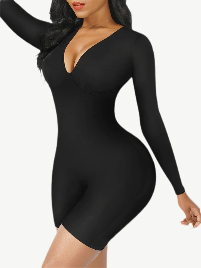 Tummy Control Long Sleeve V-Neck Bodysuit/Shaper