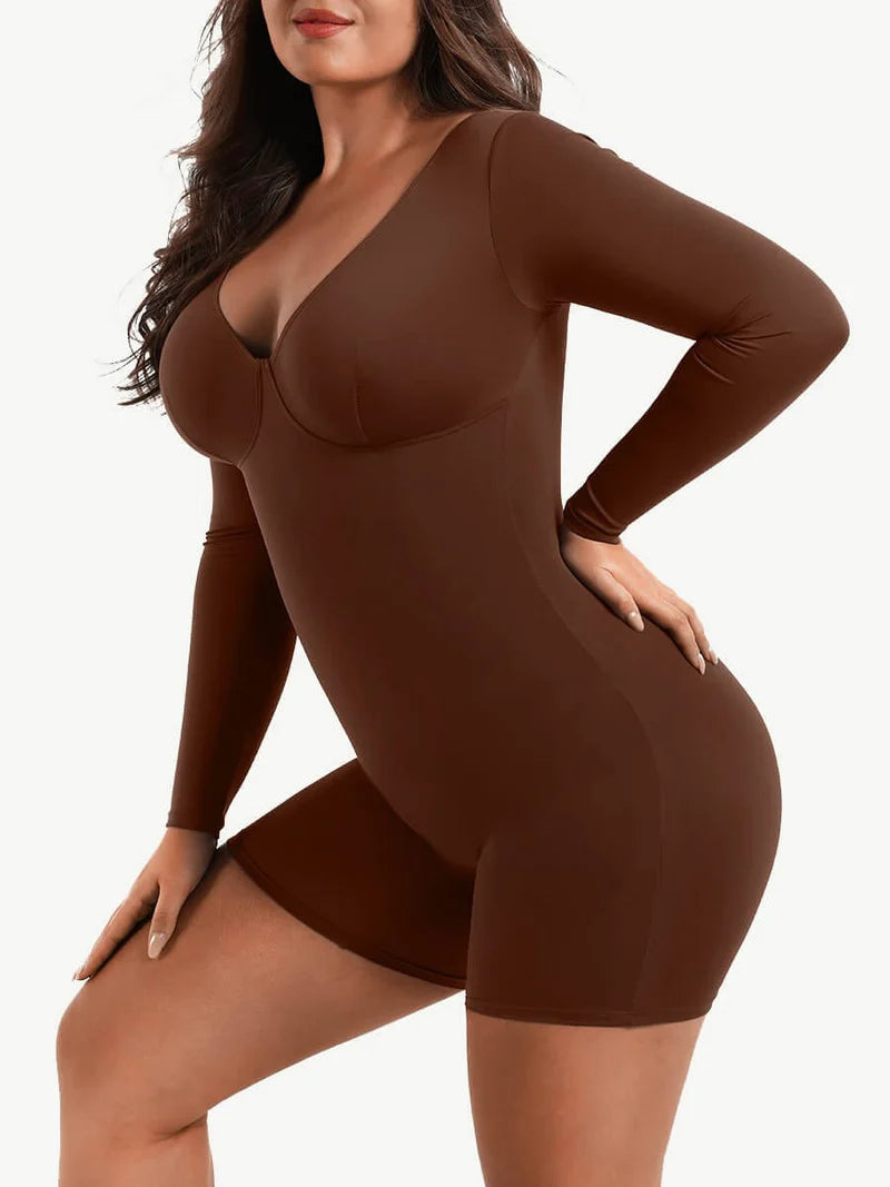 Tummy Control Long Sleeve V-Neck Bodysuit/Shaper