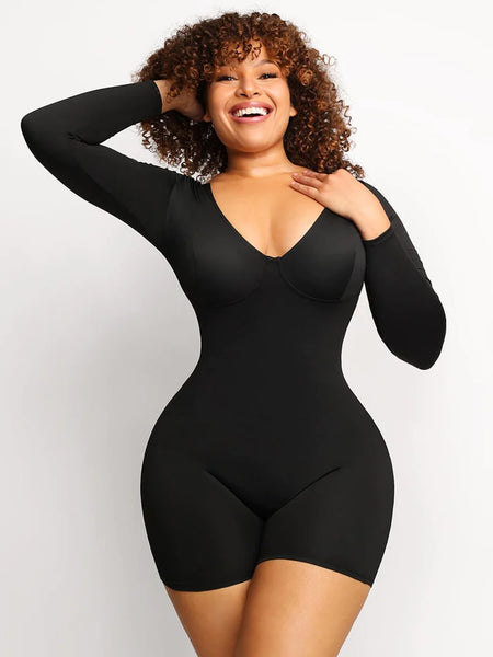 Tummy Control Long Sleeve V-Neck Bodysuit/Shaper