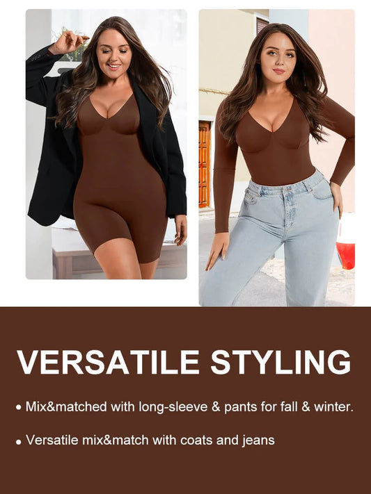 Tummy Control Long Sleeve V-Neck Bodysuit/Shaper