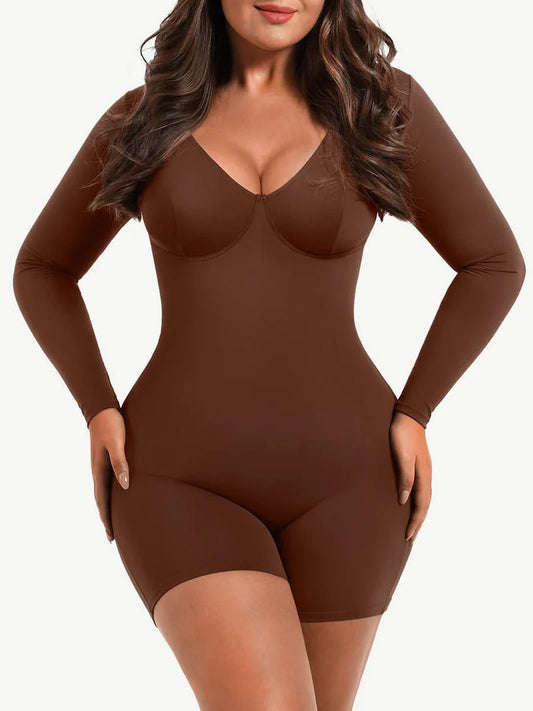 Tummy Control Long Sleeve V-Neck Bodysuit/Shaper